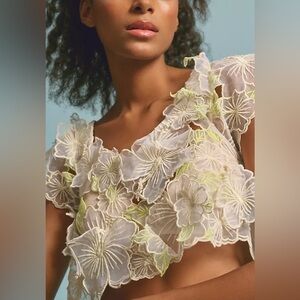 NWOT Anthropologie Sheer Appliqué Top in Ivory Size XS